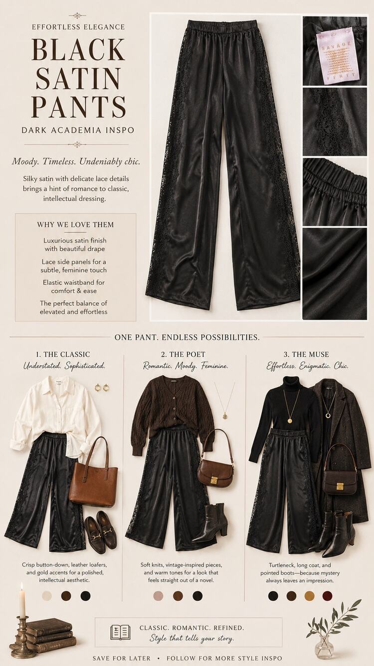 Savage X Fenty Black Satin Lace Wide Leg Pants Pull On Loungewear
